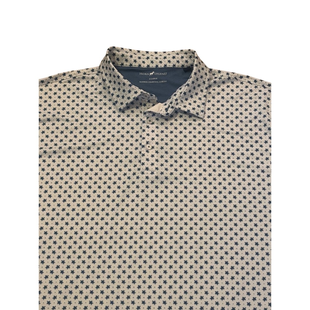 Horn Legend Mens XL Bamboo Charcoal Luxury Polo Shirt White Navy Turtle Print